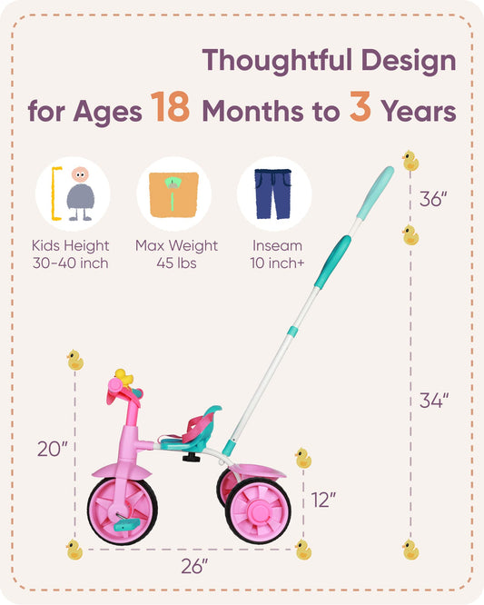 KRIDDO 2 in 1 Kids Tricycles Age 18 Month to 3 Years, EVA Wheels Upgraded, Gift Toddler Tricycle, Trikes for Toddlers 2 to 3 Year Old with Push Handle and Duck Bell, Pink