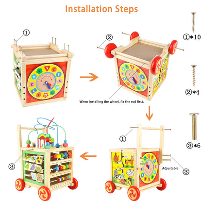 Wondertoys wooden activity cube with colorful shapes, sliding gears, and educational features for baby learning and play.