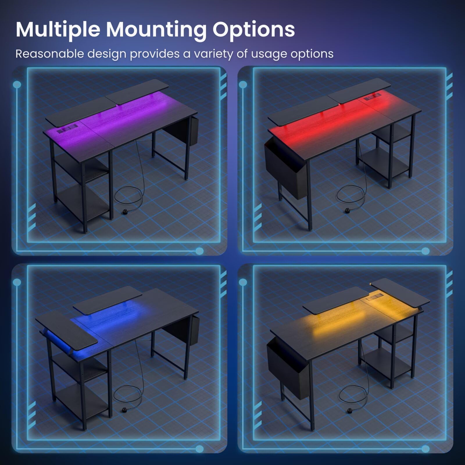 DOMSHOCT gaming desk with LED lights, storage shelves, black finish, compact corner design, ideal for home office and study spaces.