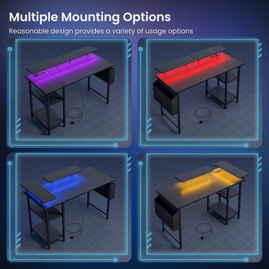 DOMSHOCT gaming desk with LED lights, storage shelves, black finish, compact corner design, ideal for home office and study spaces.
