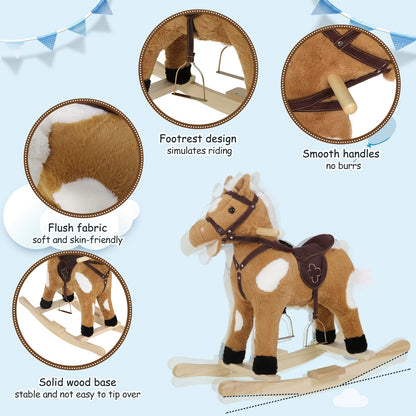 WOLTU Wooden Baby Rocking Horse, Plush Ride-on Toy with Sound and Stirrups, Toddler Rocker for Kids Aged 1–3, Brown, Seat Height 44cm