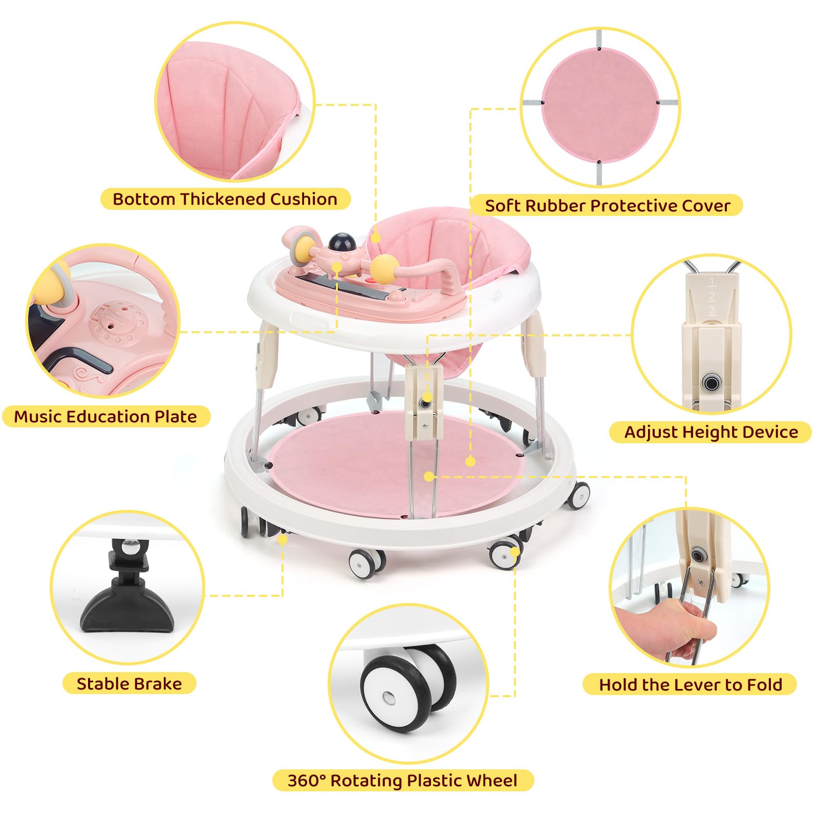 Pink Pioncrey baby walker with foldable design, music tray, light, 7 adjustable heights, suitable for all terrains and 1-year-olds.