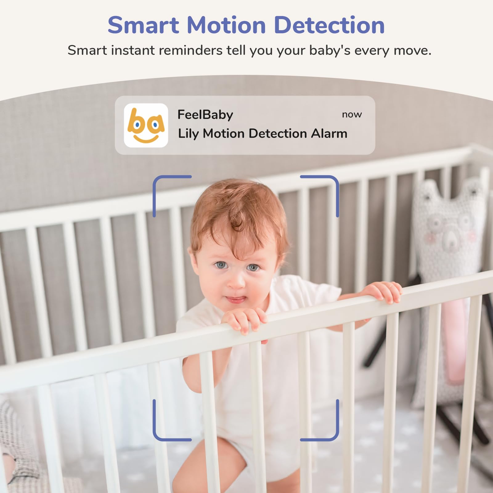 Jeeber 2K WiFi smart baby monitor with camera, 5-inch screen, night vision, two-way talk, and motion detection.