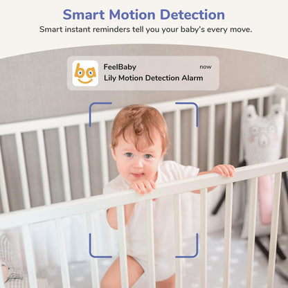 Jeeber 2K WiFi smart baby monitor with camera, 5-inch screen, night vision, two-way talk, and motion detection.