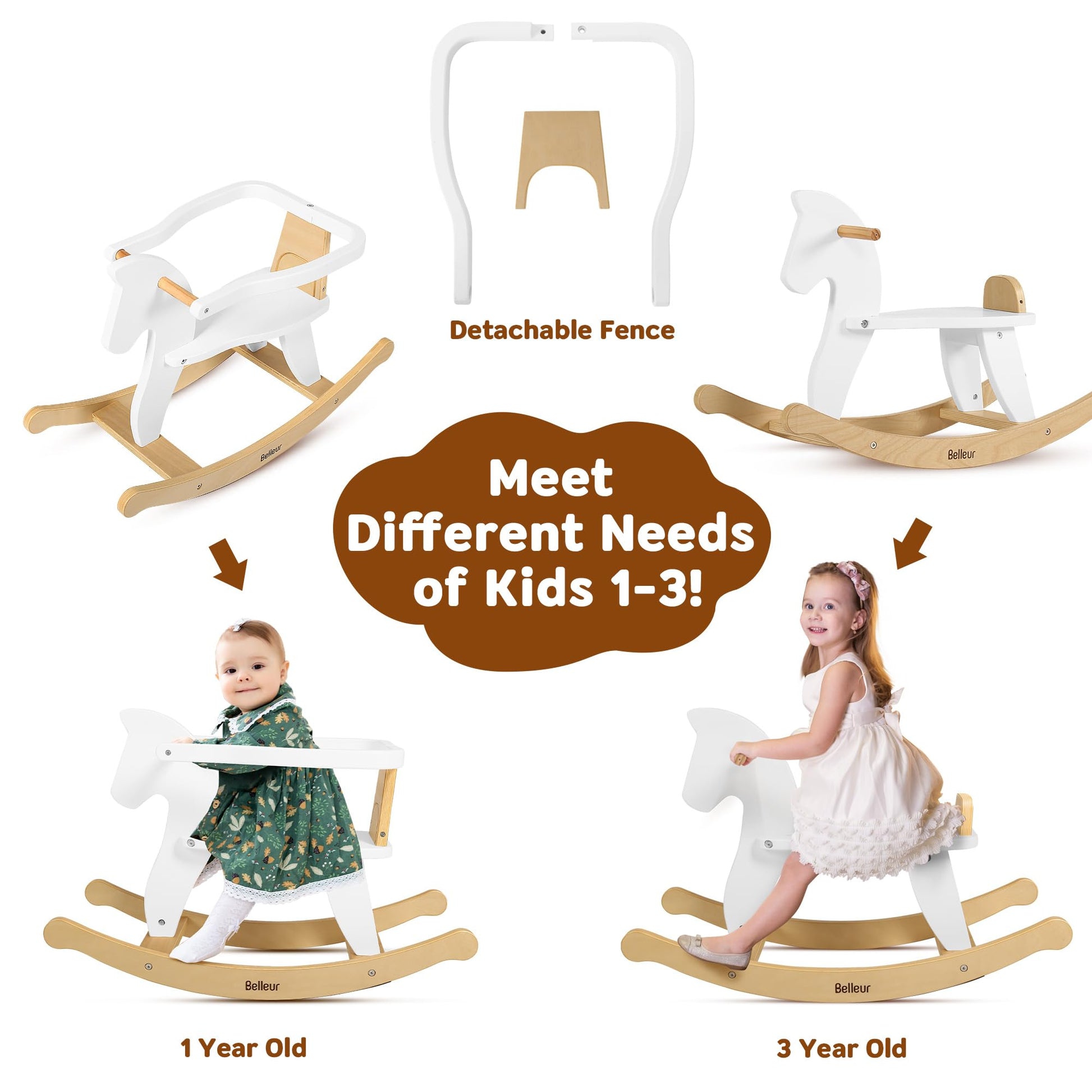 Wooden Belleur rocking horse for kids aged 1-3, toddler riding toy with removable fence, suitable for indoor and outdoor play.