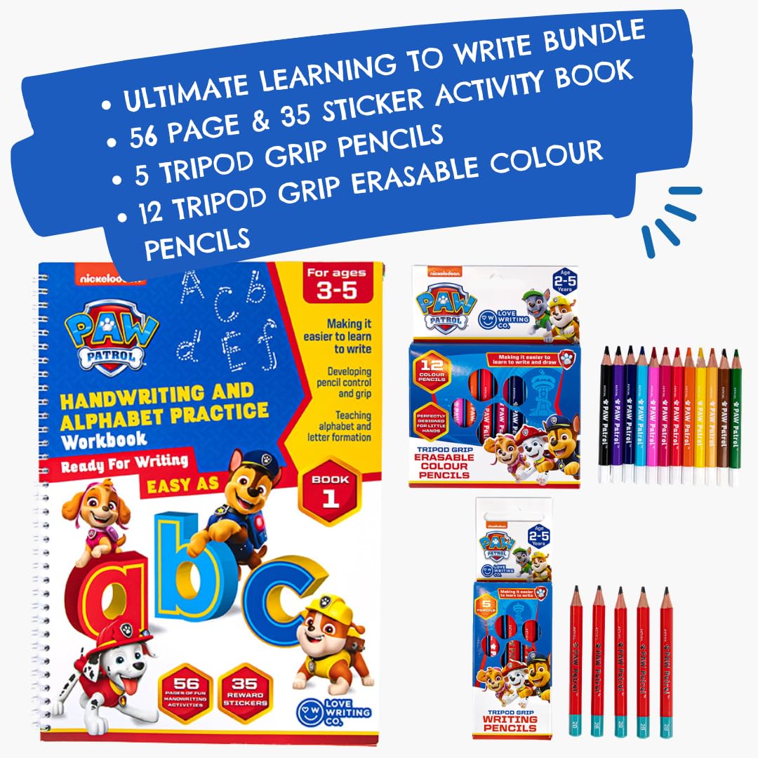 Love Writing Co. The Ultimate PAW PATROL Learn To Write The Alphabet Bundle -Children Age 3-5 - My First Handwriting and Letter Formation Activity Book, Tripod Grip Pencils and Colour Pencils