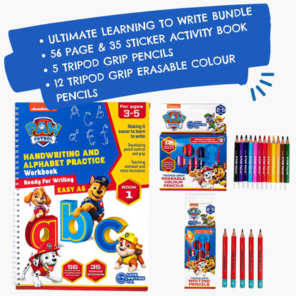 Love Writing Co. The Ultimate PAW PATROL Learn To Write The Alphabet Bundle -Children Age 3-5 - My First Handwriting and Letter Formation Activity Book, Tripod Grip Pencils and Colour Pencils