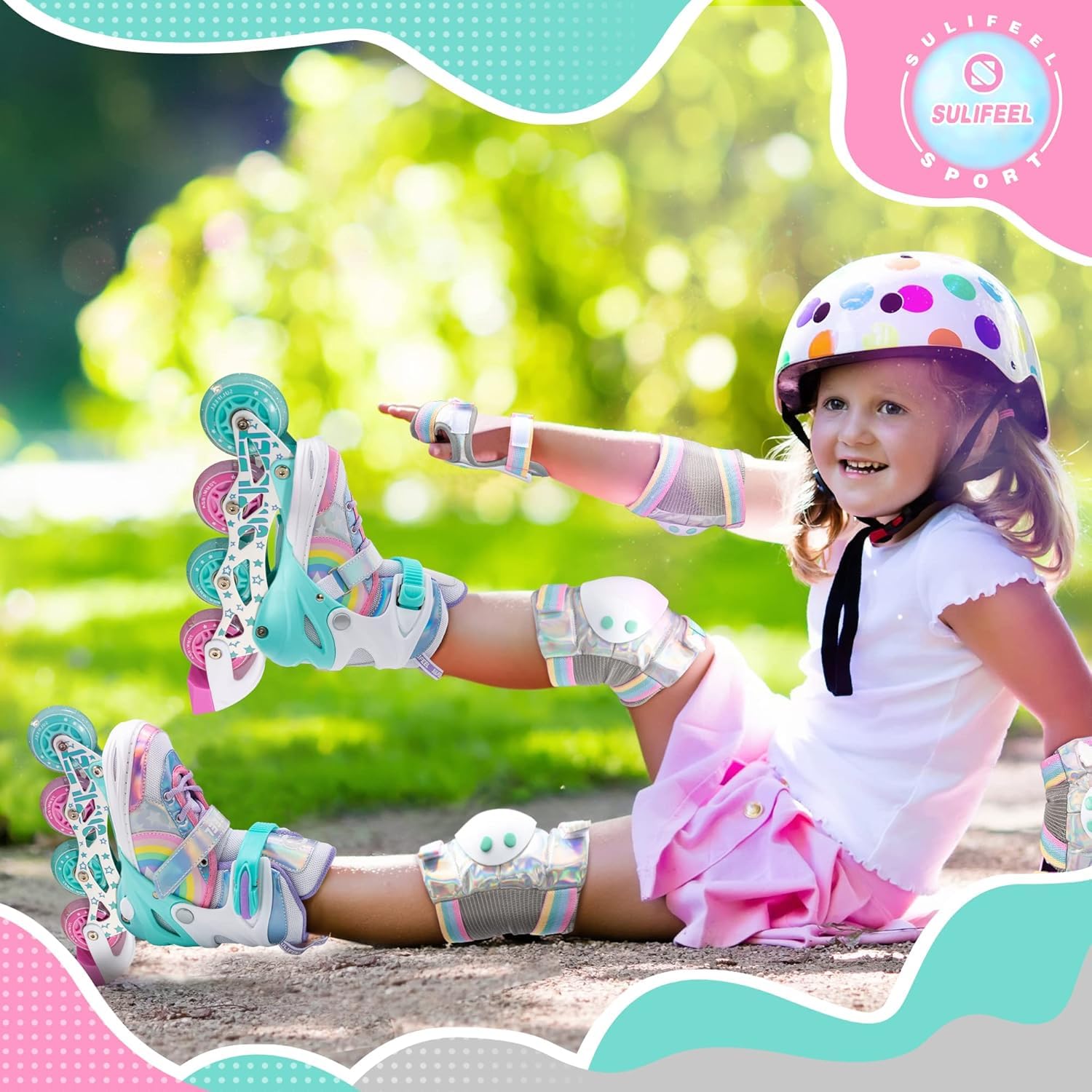 SULIFEEL adjustable kids inline skates with illuminating rainbow unicorn wheels and support for beginner girls.