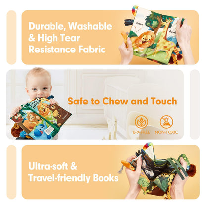Soft jungle tails sensory book for babies by hahaland, featuring crinkle paper and touch-and-feel textures for infants.