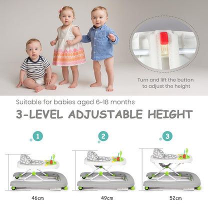 Hadibio baby walker in grey with music and lights, 2-in-1 foldable height-adjustable walker, converts to push-along and feeding seat