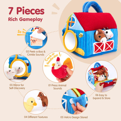 Plush farm animal sound toys set with crinkle and mirror, designed for babies 6-12 months by hahaland.