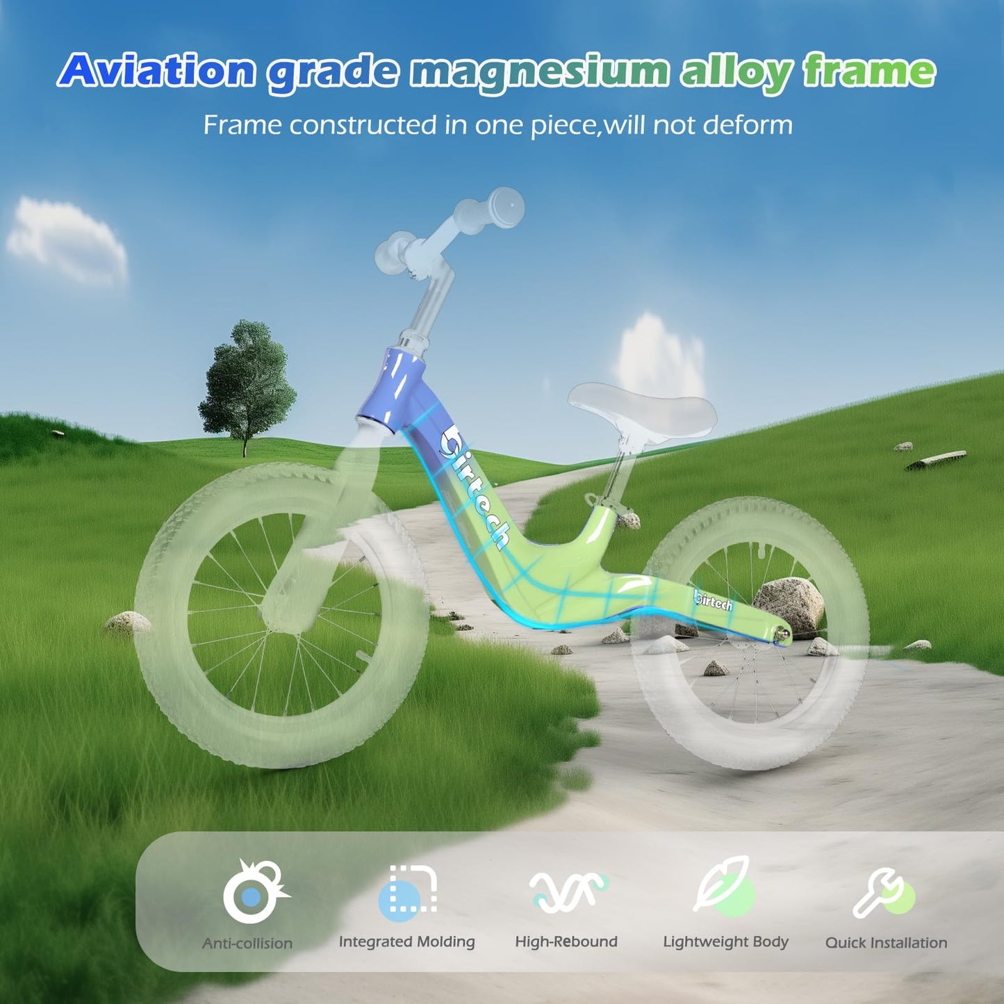 Hello-5ive 14" Kids Balance Bike for 3,4,5,6 Year Old Boys and Girls, Air Tires with Magnesium Alloy Frame, Lightweight No Pedal Toddler Training Bicycle (green&blue)