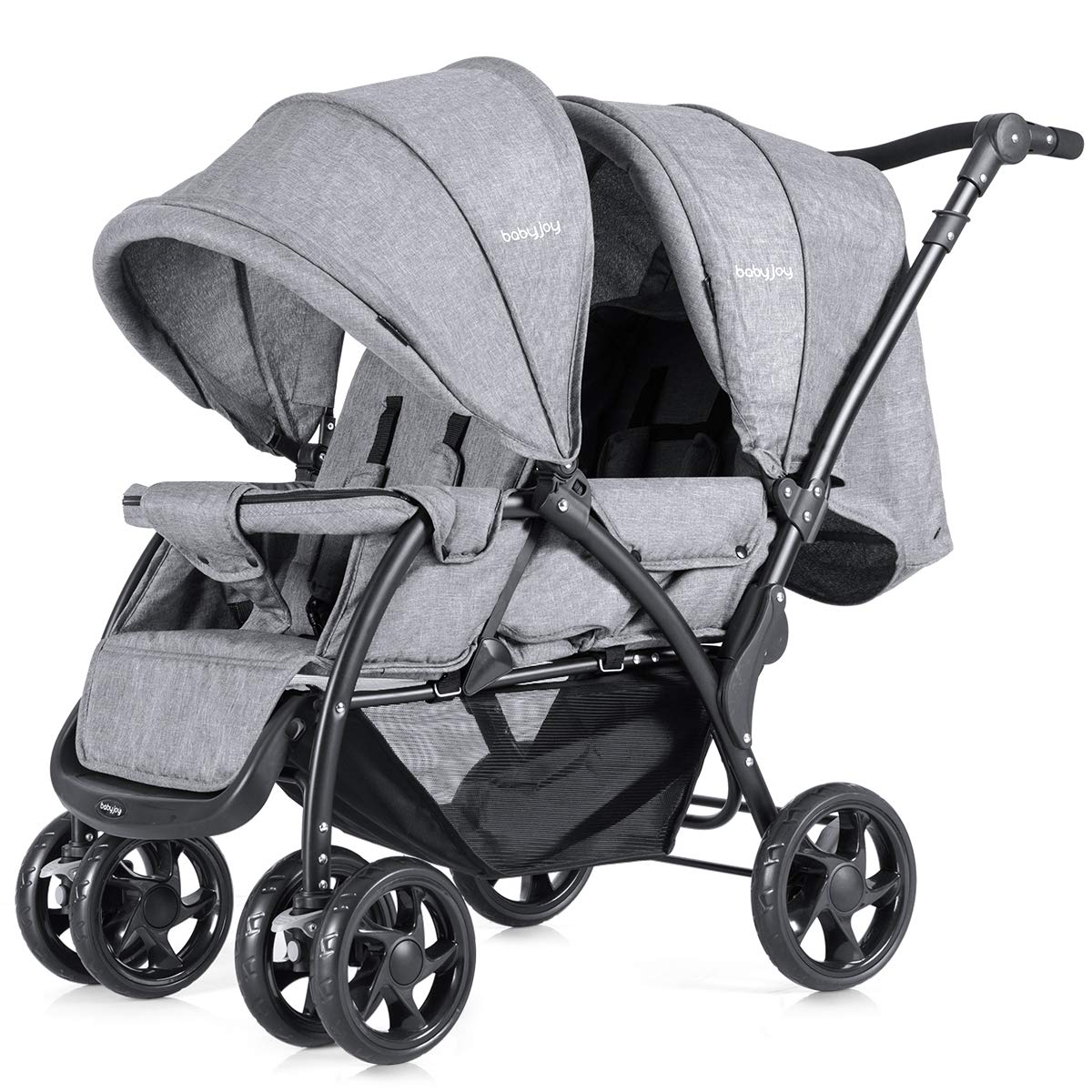 GYMAX Double Seat Stroller with Adjustable Push Handle, Detachable Canopy and Foot Rest, Foldable Baby Pushchair Buggy for Traveling, Going Shopping & Hanging Out (Grey)