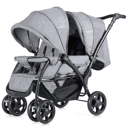 GYMAX Double Seat Stroller with Adjustable Push Handle, Detachable Canopy and Foot Rest, Foldable Baby Pushchair Buggy for Traveling, Going Shopping & Hanging Out (Grey)