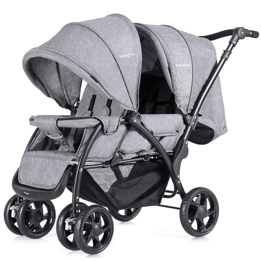 GYMAX Double Seat Stroller with Adjustable Push Handle, Detachable Canopy and Foot Rest, Foldable Baby Pushchair Buggy for Traveling, Going Shopping & Hanging Out (Grey)