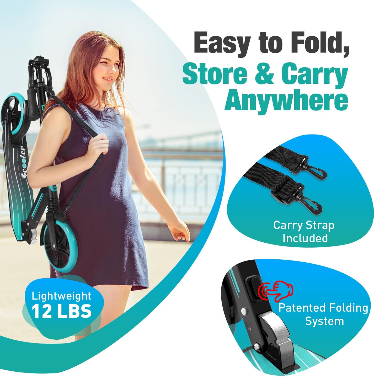 BELEEV Scooter for Kids Ages 6+, 200mm Big Wheel adult Scooters for Boys and Girls, 4 Adjustable Handlebar, Front Suspension, 2 Wheels Scooter with Carry Strap, up to 100Kg