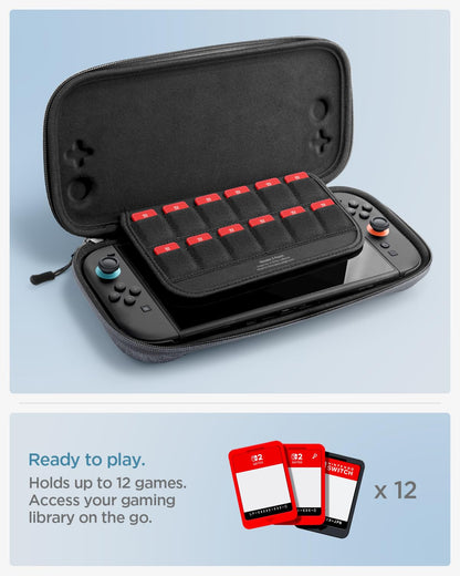 Spigen Klasden Pouch 2 carrying case for Nintendo Switch 2, charcoal gray with 12 game slots, rear grip, and G hook for travel.