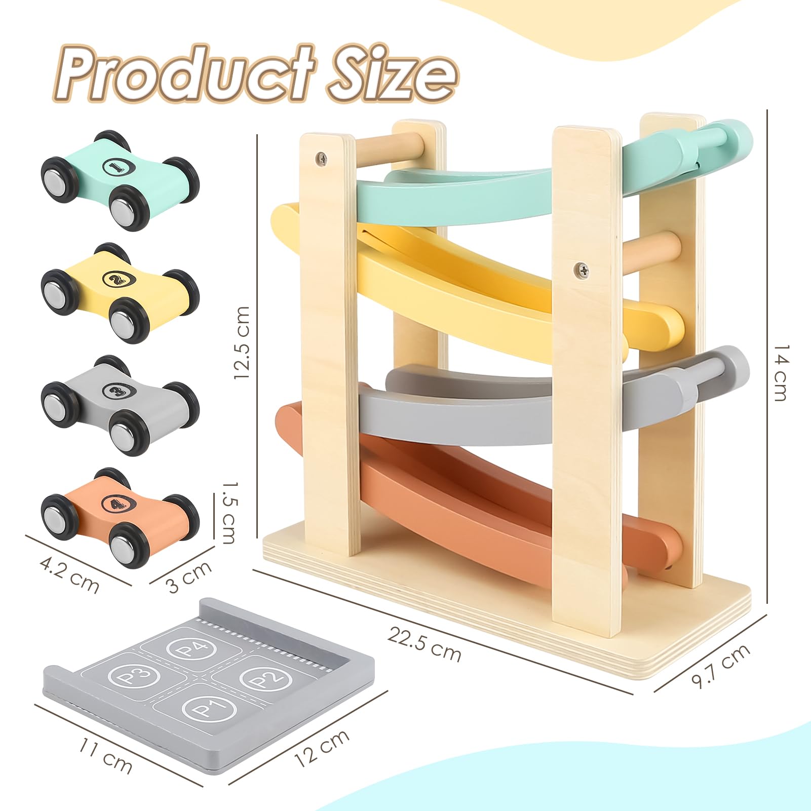 Vanplay wooden car ramp toy with four mini cars and a garage for toddlers aged 1-2 years, promoting motor skills.