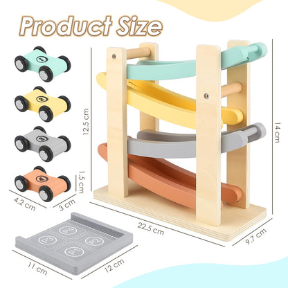 Vanplay wooden car ramp toy with four mini cars and a garage for toddlers aged 1-2 years, promoting motor skills.