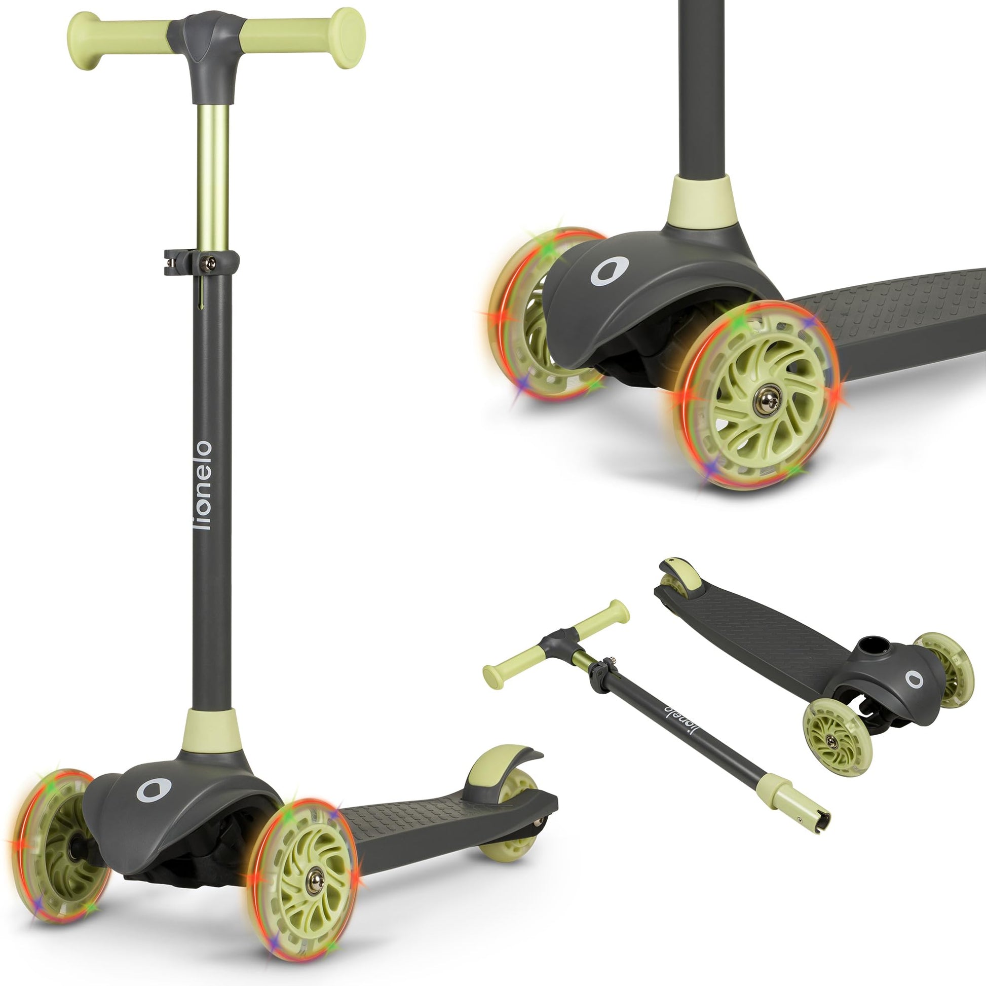 LIONELO JESSY lightweight kids scooter with LED wheels, adjustable height, and non-slip platform for ages 3-5.