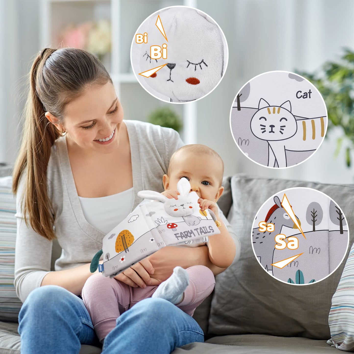 Firtink soft crinkle cloth baby book with high contrast pages, fabric touch, sensory toy for early infant development.