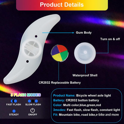 GEU 4-pack bike spoke lights with multicolor neon flashing lamps, featuring 3 modes, for night cycling wheel decoration.