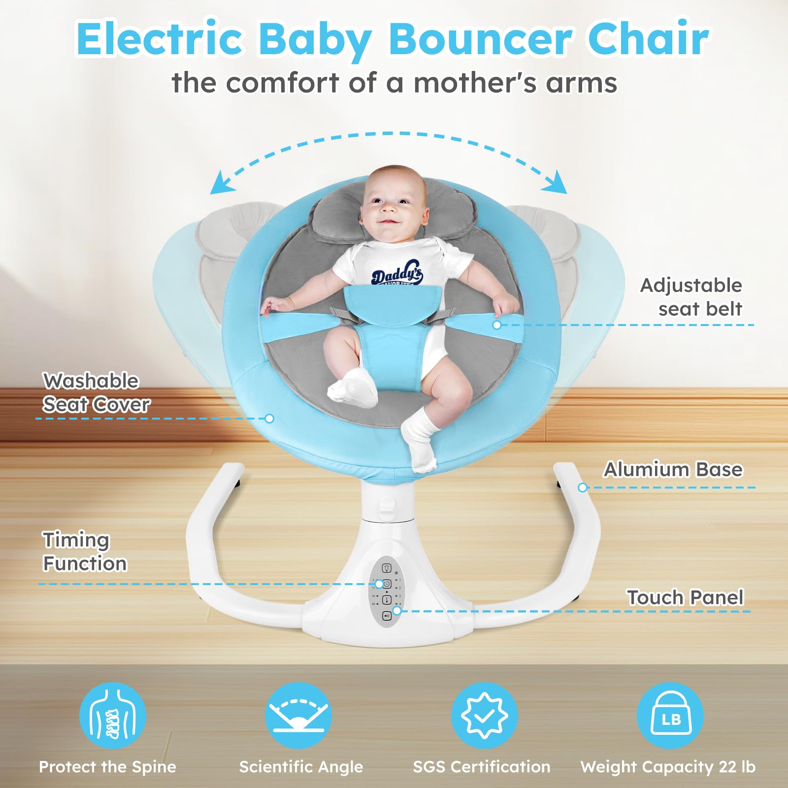 Blue electric baby swing chair by FineFizz with remote control, Bluetooth music, removable cushion, and adjustable speeds and timers.