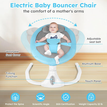Blue electric baby swing chair by FineFizz with remote control, Bluetooth music, removable cushion, and adjustable speeds and timers.