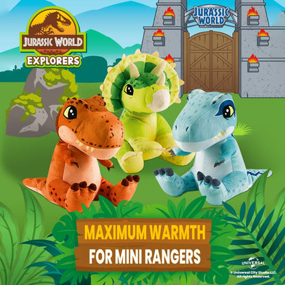 BIOSYNEX - Jurassic World Explorers Heatable Plushies – Microwave Warm Cuddle Toy with Removable Clay Bead Pouch - Gentle and Comforting Warmth - Machine Washable and Safe from Birth (Triceratops)