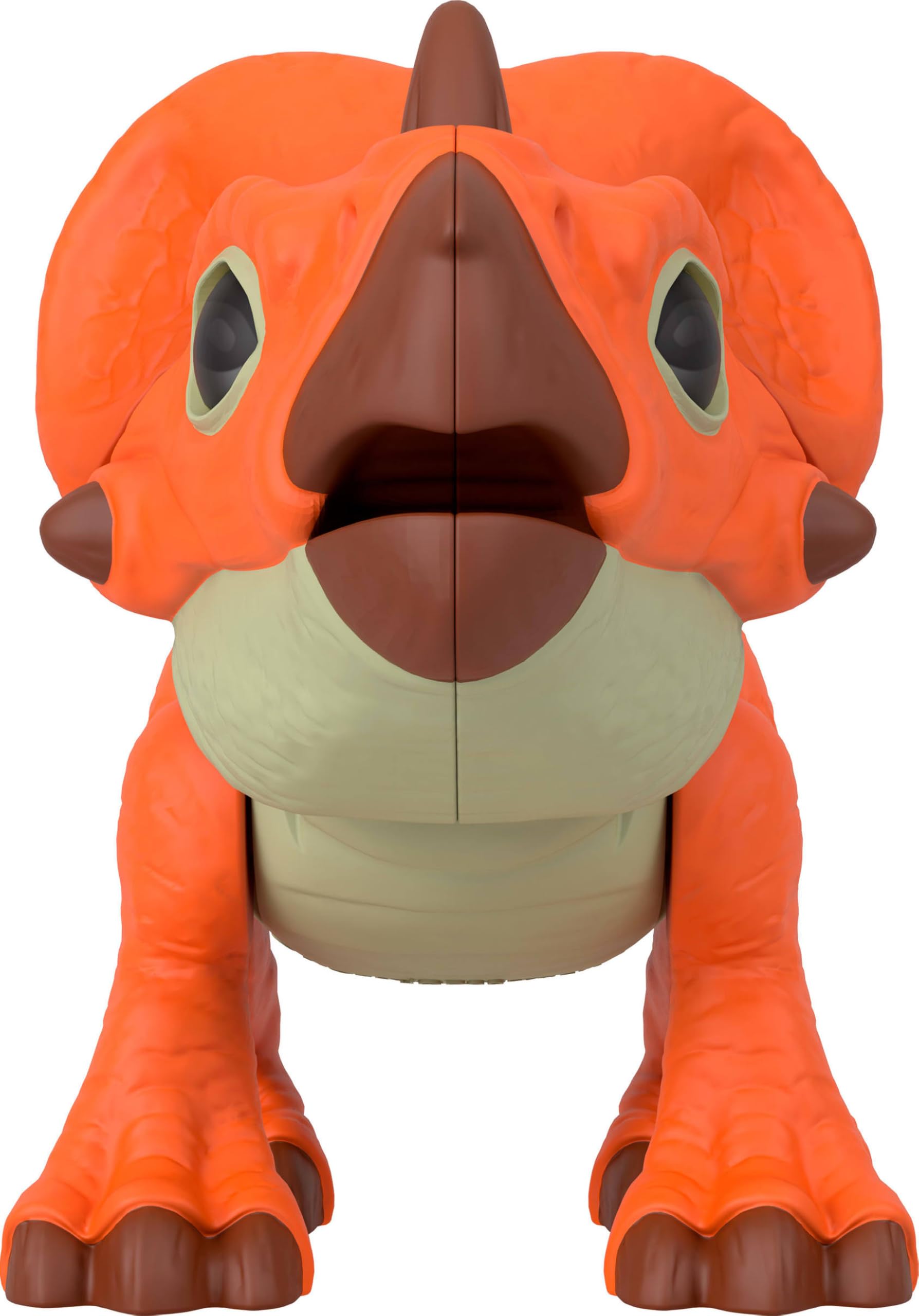 Fisher-Price Imaginext Jurassic World Aquilops dinosaur action figure with growing spikes and kid-activated motion, 7.75-inch toy.