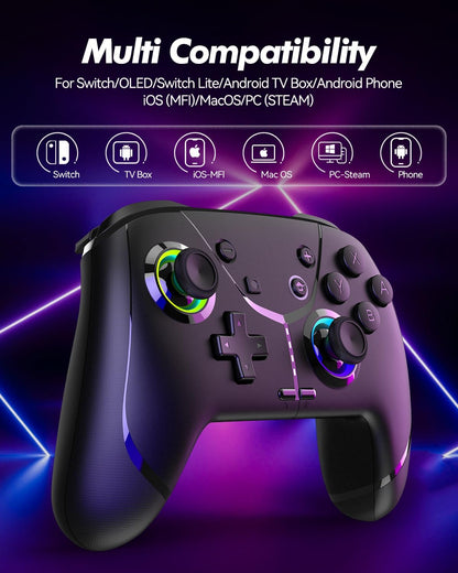Black Ligame Switch Wireless Controller with dual thumbsticks, buttons, and RGB lighting, compatible with iPhone, Android, PC, and Steam.