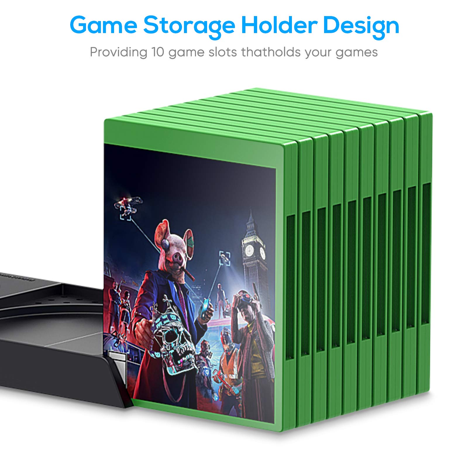 FYOUNG cooling stand for Xbox Series X with controller charger, rechargeable batteries, headset holder, and game slots.