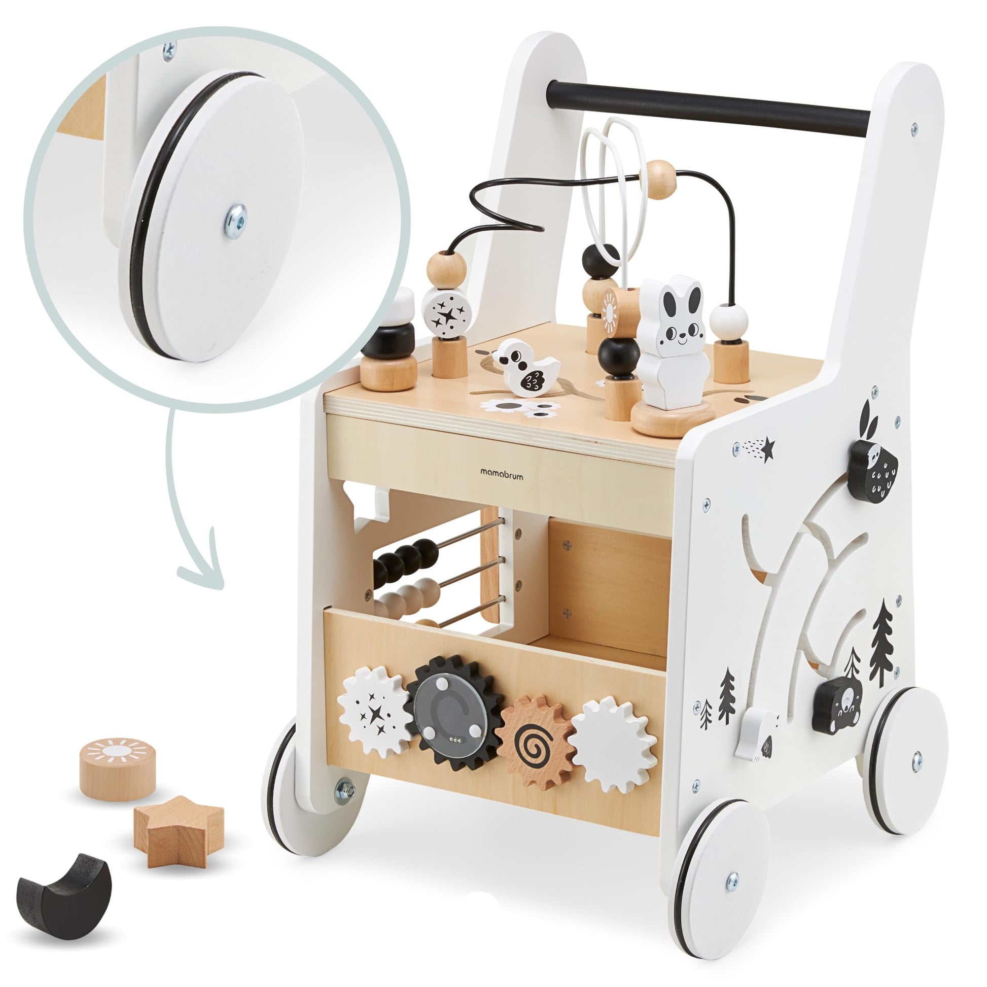 Mamabrum wooden baby walker with wheels, featuring shape sorter, bead mazes, gears, abacus, stacking blocks for ages 12+ months.