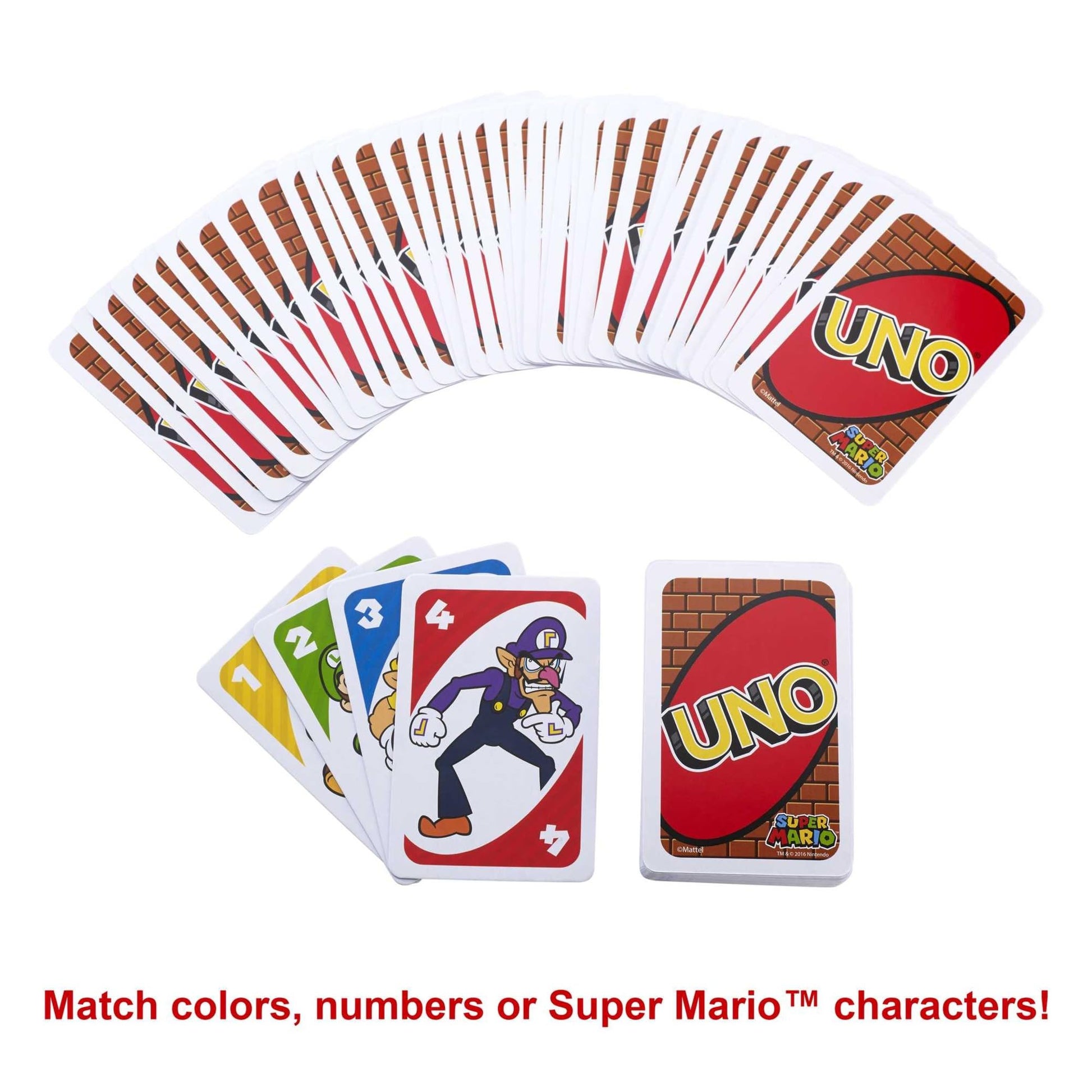 Fisher-Price UNO Super Mario card game deck featuring animated character images, 112 collectible cards for kids ages 7 and up.