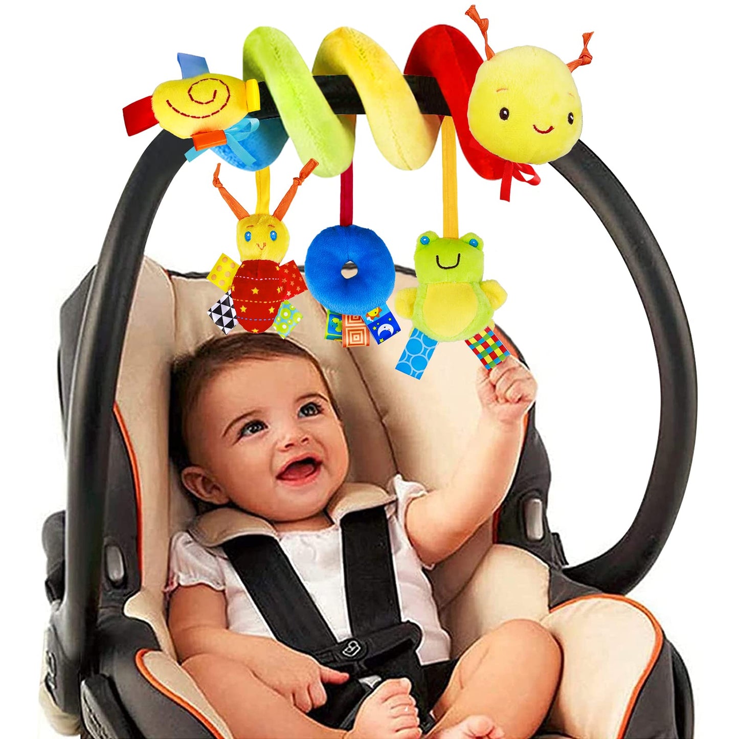 YELUFT Spiral Pram Toys for Babies - Wrap Around Pushchair Stroller Car Seat Toys for 0 3 6 9 12 Month Plush Activity Rattle Hanging Toy Sensory Gift for Newborn Infant Baby