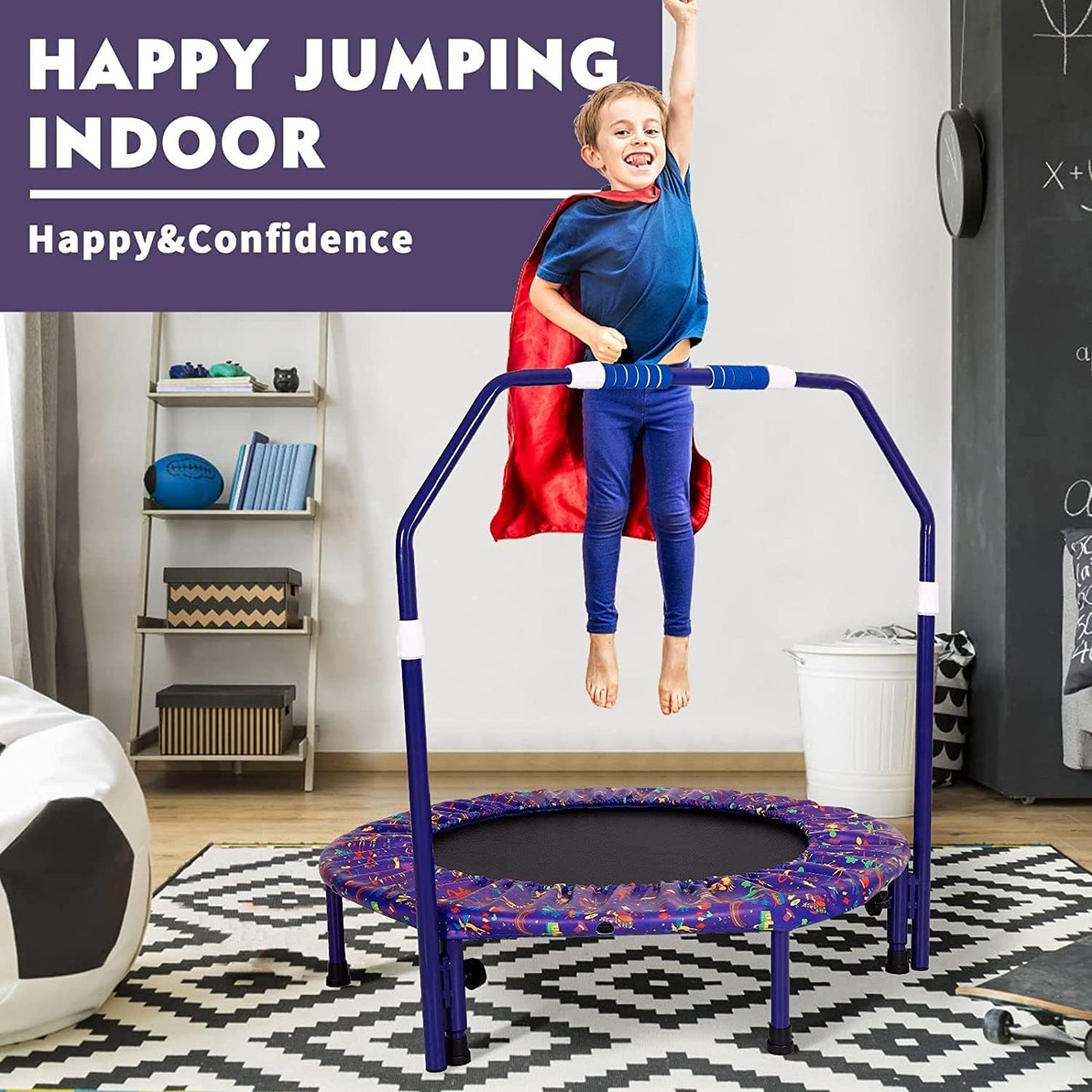 36'' Kids Trampoline Mini Noise-Free Trampoline Foldable Bungee Rebounder with Adjustable Foam Handrails and Safety Padded Protective Cover Practice Jumping Indoor,Outdoor,Garden for Boys Girls