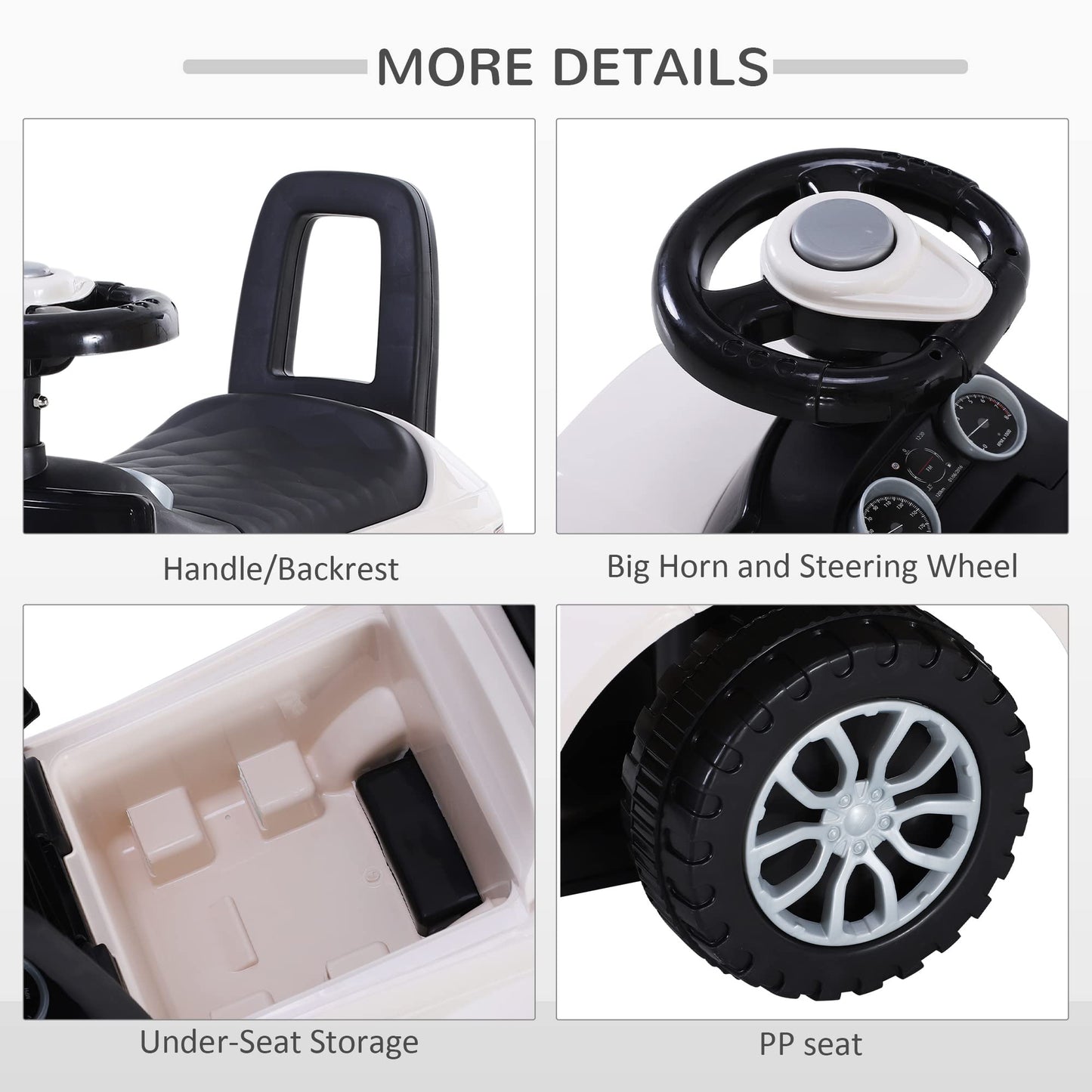 HOMCOM 3-in-1 Ride On Car Foot To Floor Slider Toddler w/Horn Steering Wheel NO POWER Manual Under Seat Storage Safe Design for 1-3 Year Old White