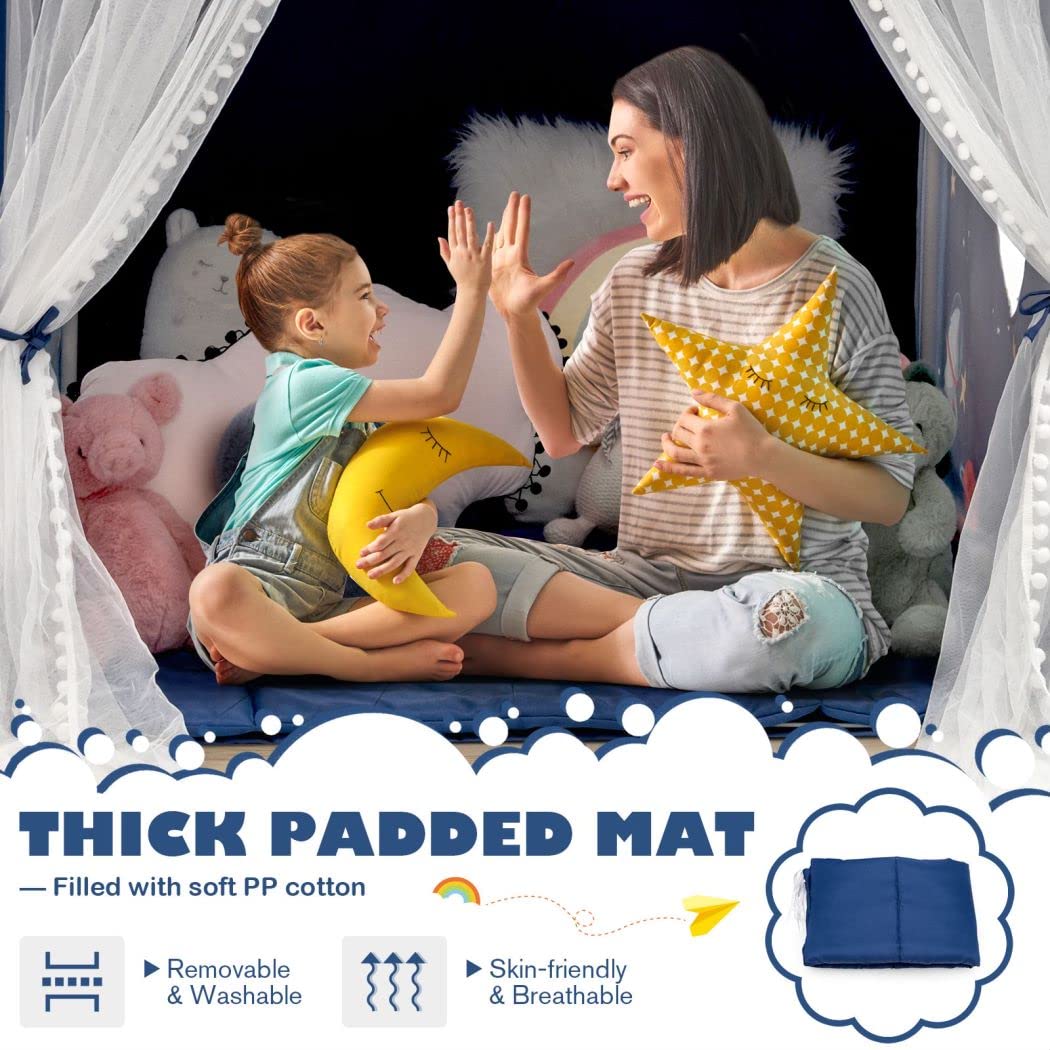 Blue COSTWAY kids play tent with windows and washable mat, ideal indoor and outdoor children’s playhouse for boys and girls.