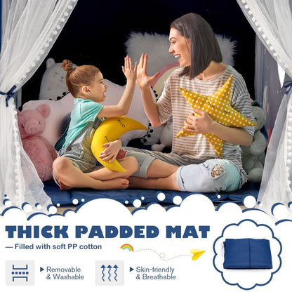 Blue COSTWAY kids play tent with windows and washable mat, ideal indoor and outdoor children’s playhouse for boys and girls.