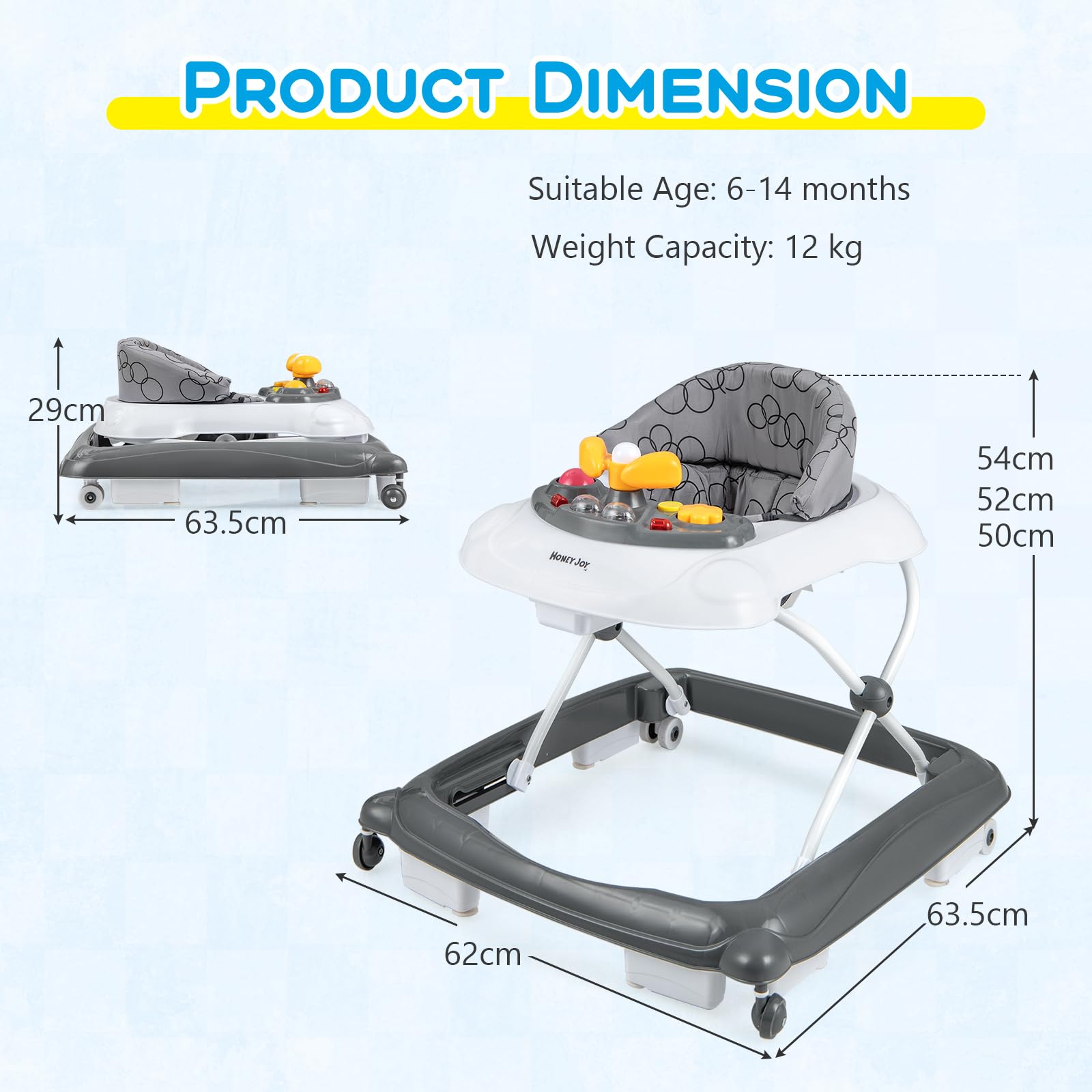 Maxmass 4-in-1 baby walker with padded seat, adjustable heights, removable lights and music tray, gray infant activity center for toddlers