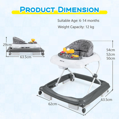 Maxmass 4-in-1 baby walker with padded seat, adjustable heights, removable lights and music tray, gray infant activity center for toddlers