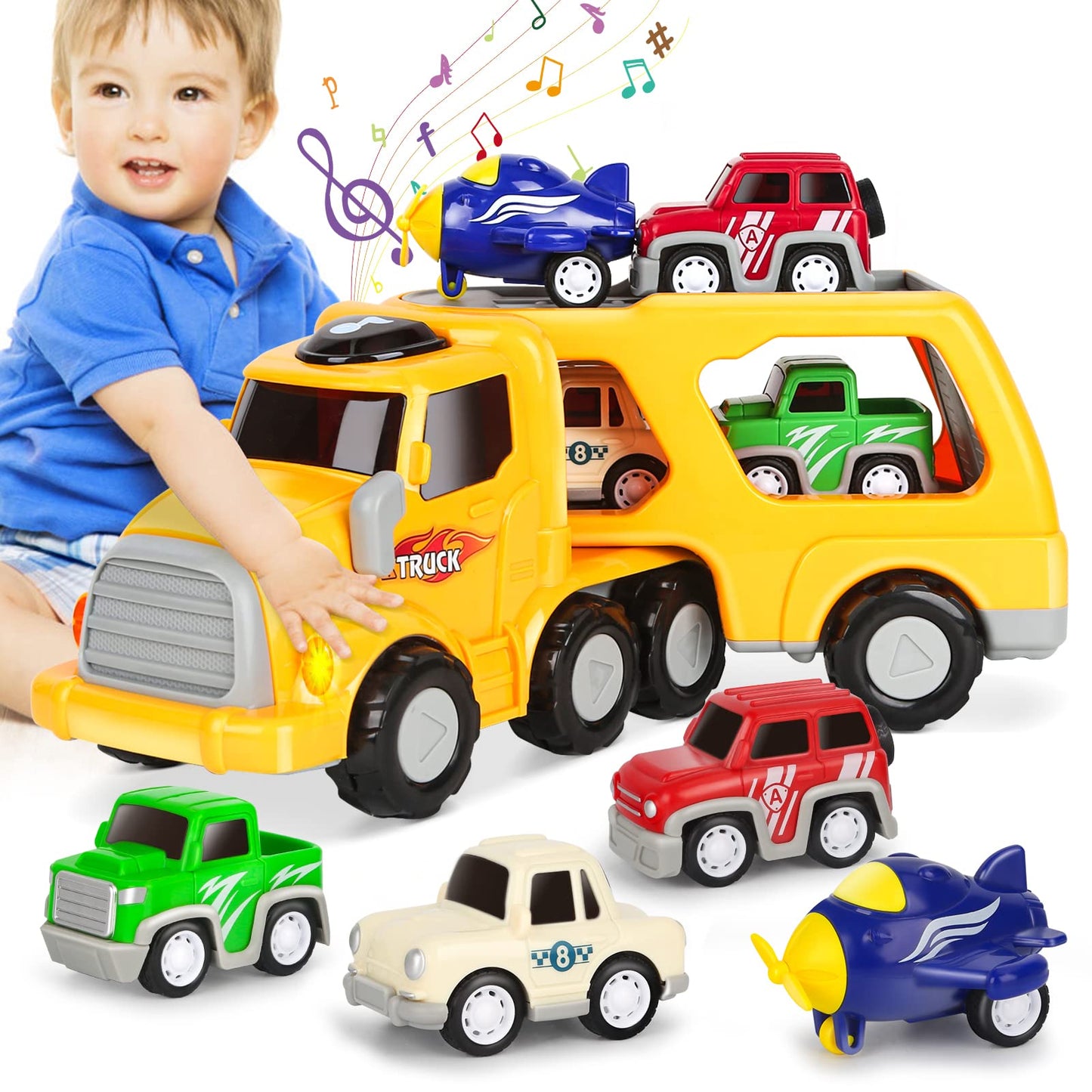Aoskie toy car transporter truck with four pull-back cars, toddler vehicle playset for boys and girls aged 3-5.