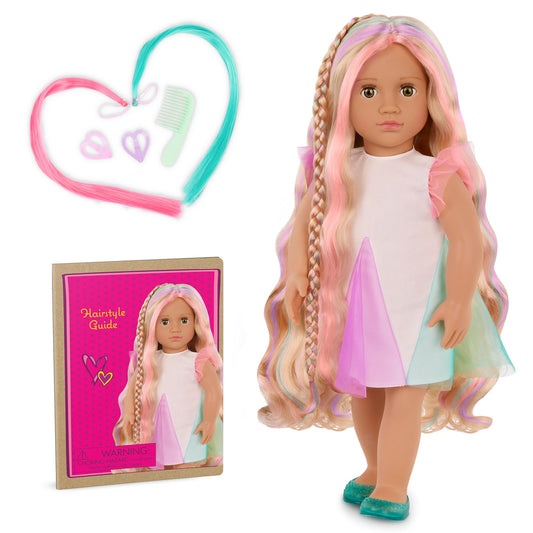 18-inch Our Generation doll Tessie with lifelike hazel eyes and ultra-long rainbow hair, featuring styling accessories.