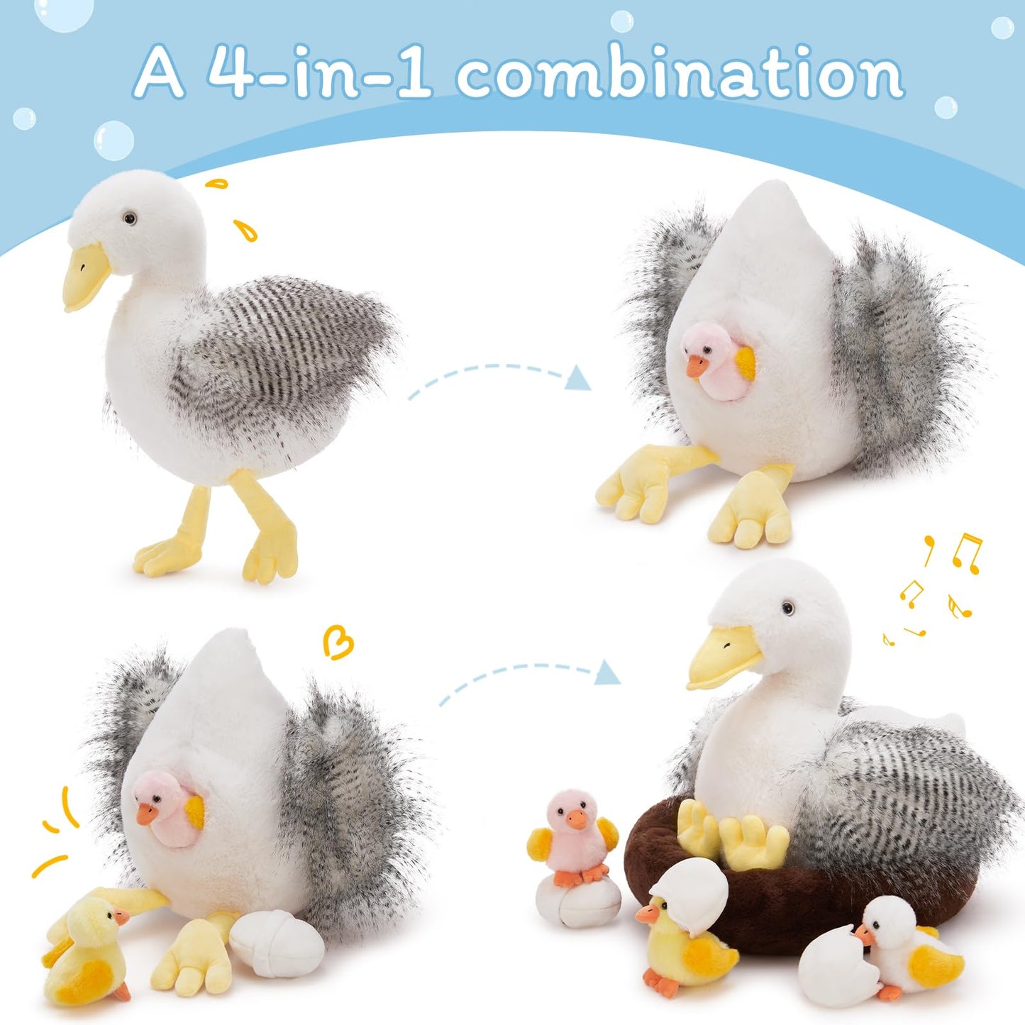 MorisMos Big Duck Teddy Soft Toy, 35cm Mom with Cuddly Ducklings Baby, Giant Fluffly Duck Stuffed Animal Realistic Kawaii Plush Gift for Kids Birthday Deco