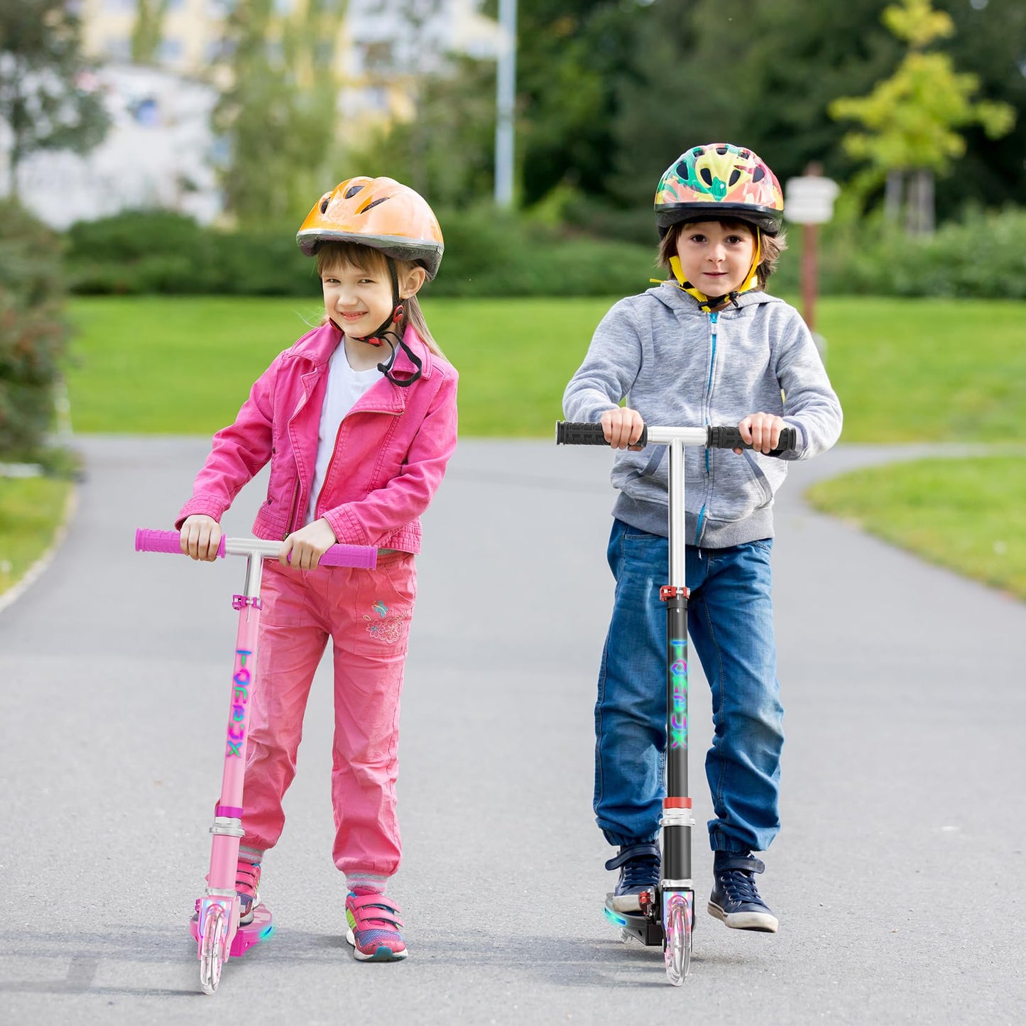 Scooter for Kids Ages 5-12 TONBUX Folding 2 Wheel Kids Scooter with Light Up Wheels & Stem & Deck, 3 Adjustable Height Handle, Lightweight Portable Kick Scooters for Girls Boys Toddler, up to 50kg