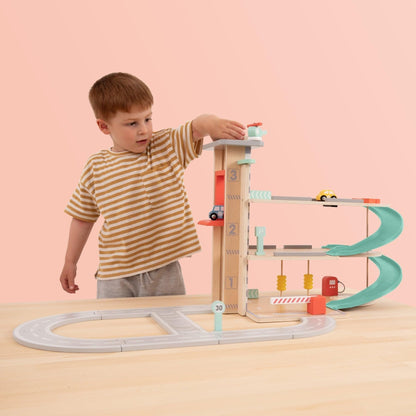 Owl & Fox Traditional Wooden Play Garage, Three Tier Garage with Ramps, Petrol Pump, Car Wash, Parking Barrier, Cars, Helicopter and Accessories, Interactive Imaginative Role Play