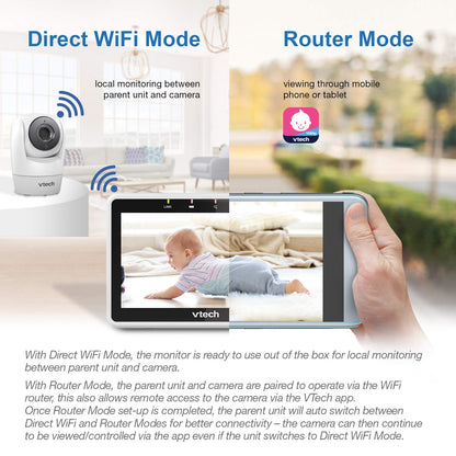 VTech VM901 Wi-Fi baby monitor with 5-inch 720p display, night vision, remote pan tilt zoom, and built-in wide-angle lens.