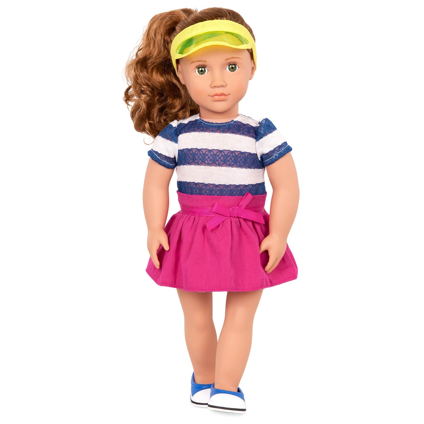 Our Generation 18-inch doll wearing the Cute to Scoot Deluxe Scooter Outfit with a scooter and accessories for pretend play.