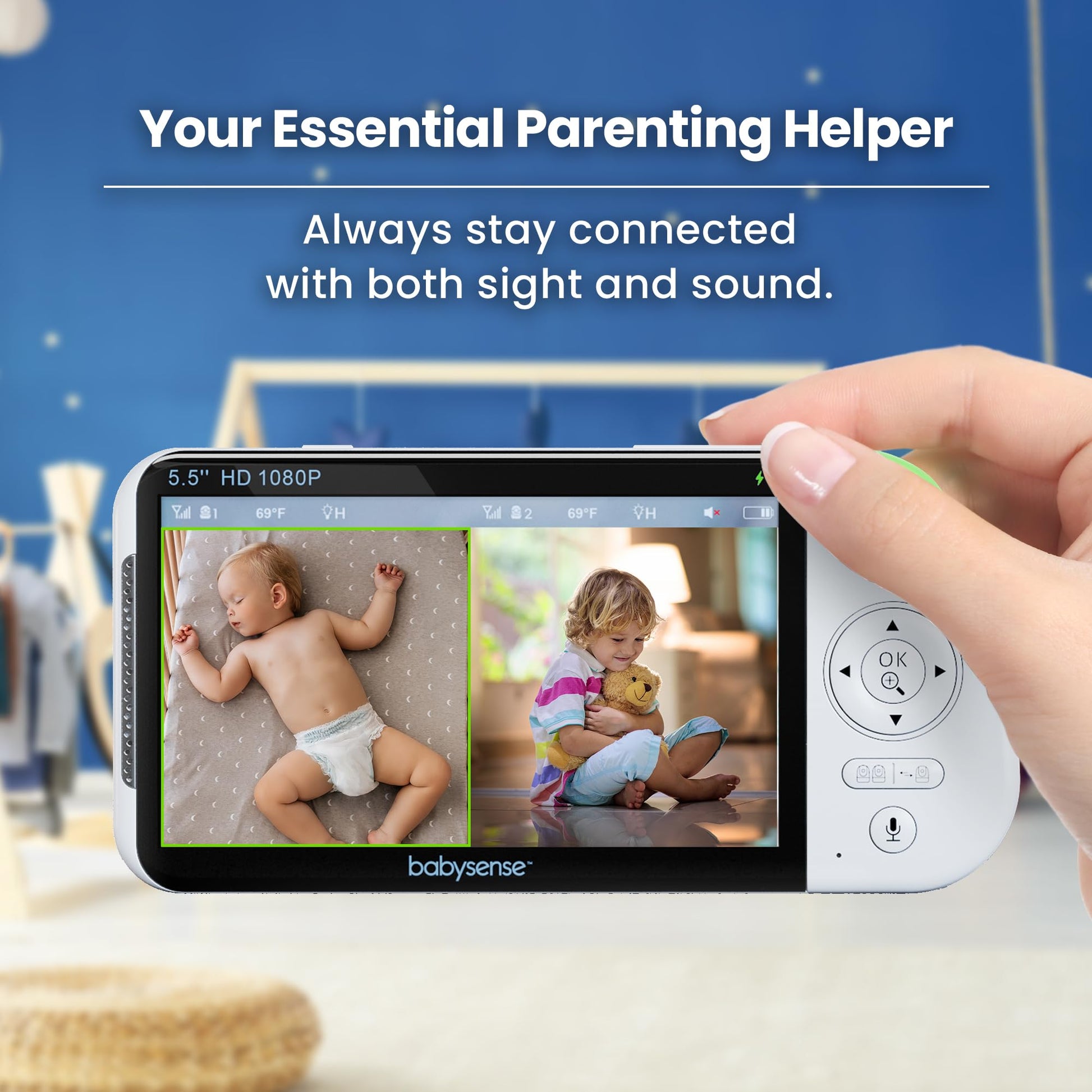 Babysense Full HD split-screen baby monitor showing two PTZ cameras with night light, two-way talk, and crystal-clear audio.