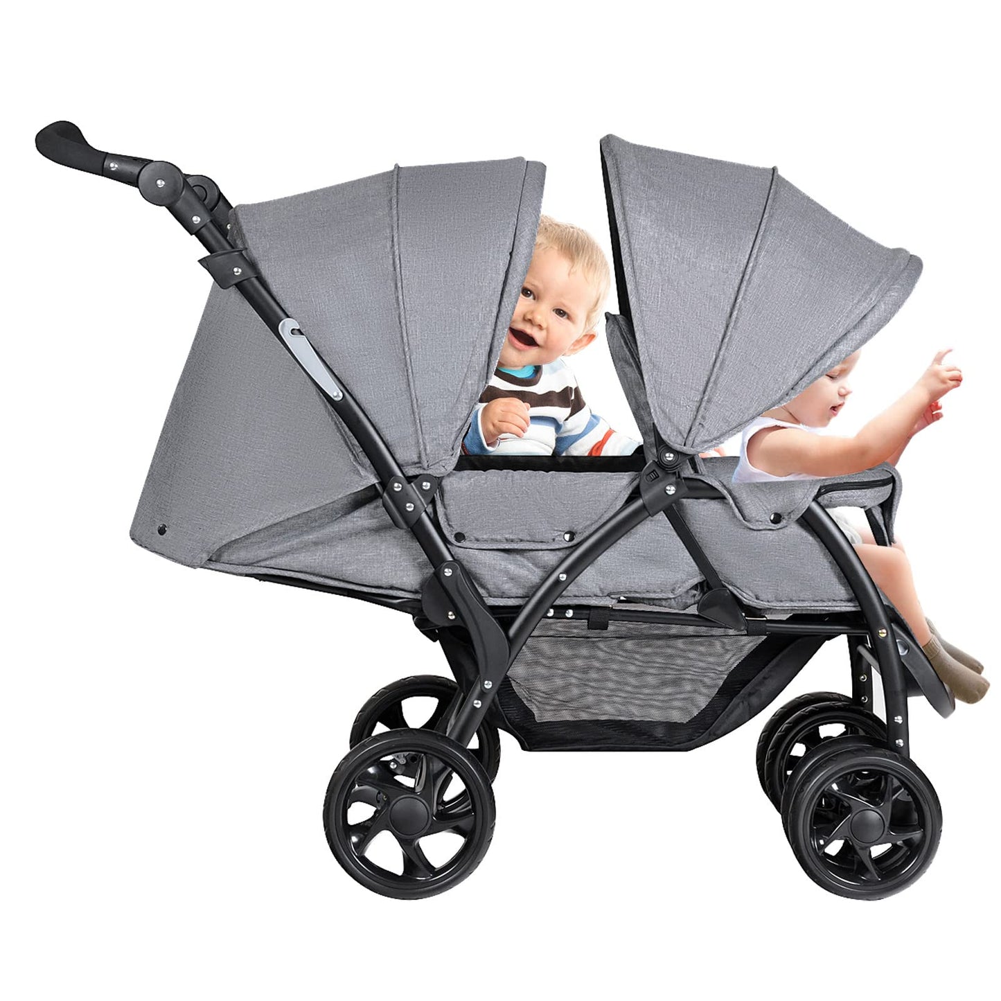 Maxmass Double Seat Baby Stroller, Folding Infant Pushchair with Adjustable Handlebar & Backrest, Storage Basket and Detachable Canopy, Travel Toddler Buggy for Shopping, Hanging Out (Grey)